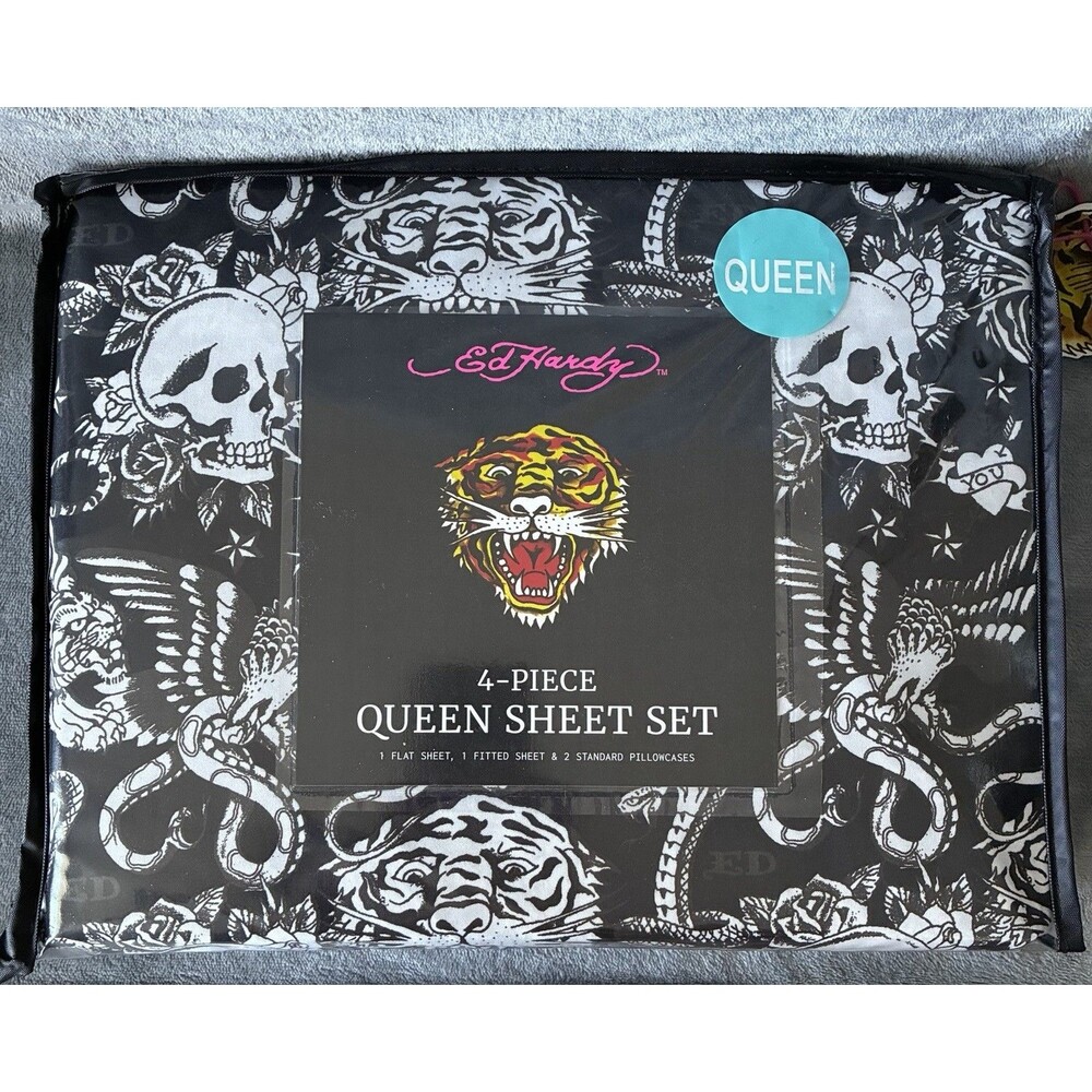 Ed Hardy Queen Sheet Set 4 Piece Black White Skull Tiger Rose Bedding New
